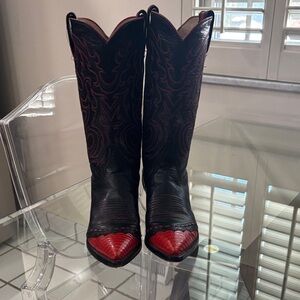 Larry Mahan Black and Red Leather Heeled Cowboy Boots